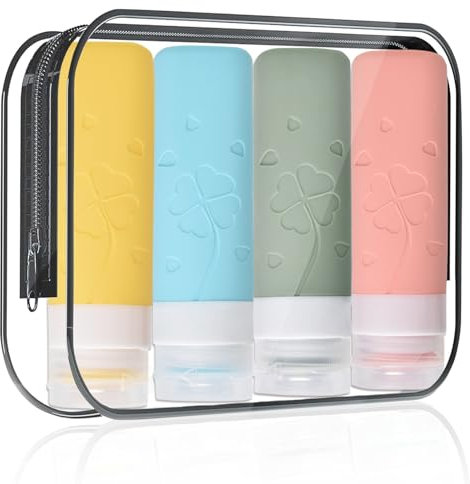4 Piezas Botes Viaje Silicona, 90ml Botellas de Viaje Rellenables, Portátil Botellas a Prueba e Fugas, Travel Bottles para Gel, Champús, Lociones, Crema y Acondicionador, sin BPA
