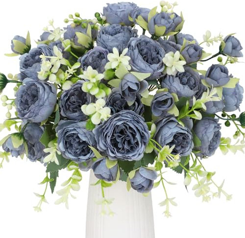 Floweroyal 4 Bündel Pfingstrose Künstliche Blumen Grau Blau Blumen Seidenpfingstrosen Blumensträuße für Hochzeit Partei Tischaufsätze Blumenarrangement Heim Küche Dekor