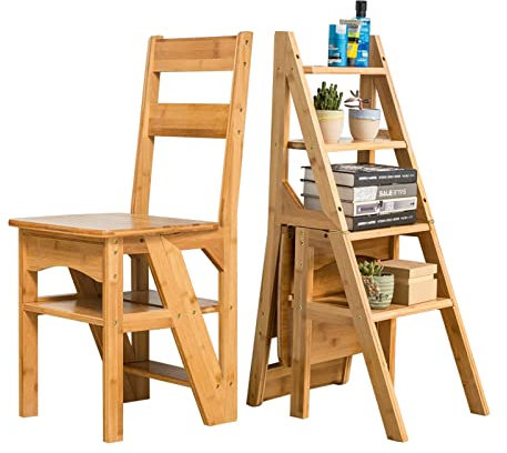 CRBUDY Klappbare Trittleiter mit 4 Ebenen, umwandelbar, multifunktional, 3-in-1-Holzleiter, Stuhl, Präsentationsleiter und Lagerregal/Weiß (Holzfarbe)