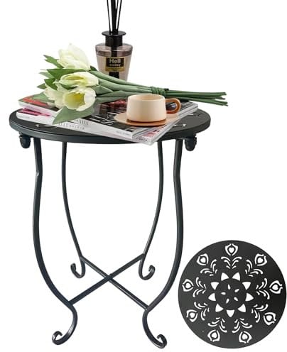 ZEECER Outdoor Side Table, 14-inch Round Small Outdoor Table Garden Table with Flower Cut-out Design, Modern Portable Rust-proof Metal Patio Table for Outside Garden Coffee Table & Indoor Use 1 Pack