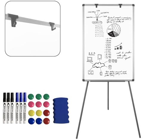LZQ Whiteboard Magnetisch Flipchart Ständer, White Board mit Dreibein Ständer, Mobil Whiteboards Höhenverstellbares, mit 1 Radiergummi, Ablage, 2 Flipchart Haken, 6 Whiteboard-Marker, 12 Magneten,