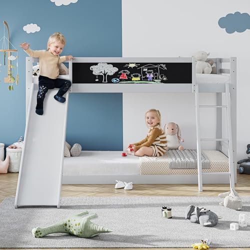 Sapgaks Lit Double 90x200cm, avec escalier et toboggans, avec clôture et Tableau d'écriture pour Enfants, Bois Massif écologique, lit Enfant, Blanc (Matelas Non Inclus)