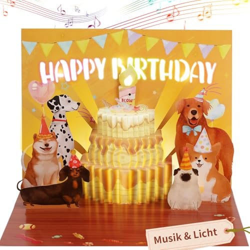 Geburtstagskarte mit Musik und Licht, Pop Up Hunde & Kuchen Geburtstagskarte für Kinder, Happy Birthday Card, Lustige Karte Geburtstag Geschenke für Frau Männer Freundin sie ihn Mama Hundeliebhabe
