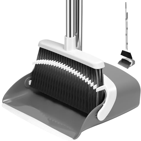 NACENA Broom and Dustpan Set with 52-in Long Adjustable Handle, Grey White | Broom Dustpan Combo with Dustpan Teeth to Automatically Clean Hair Suitable for Home Kitchen Office Hall Floor
