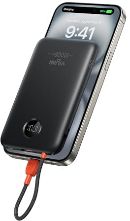 VIYISI Batería Externa 10000 Mah Ultrafino, QC 22,5w Power Bank Carga Rápida con Cable USB C Integrado PD 20W Compatible con iPhone 16 15 Samsung S24 S23 S22 - Negro