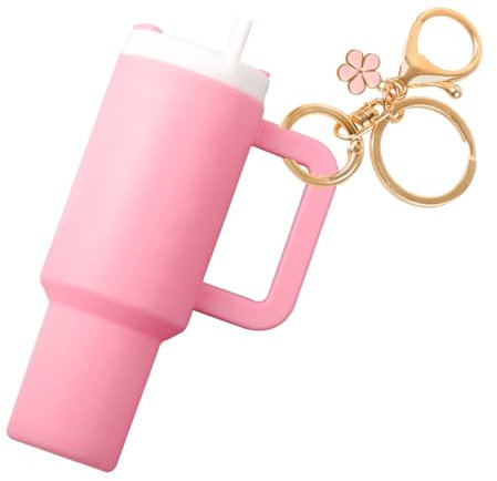 DAJISI cute keyring, Mini Cup Keychains Designed for Stanley Cup Tiny Cup key rings with Flower charm keychain accessories for Women Girls Handbags Backpacks(Pink)