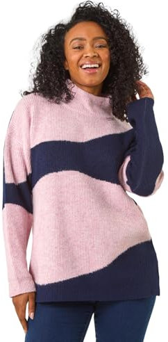 Roman Petite Colour Block Knit Jumper for Women UK - Ladies Everyday Autumn Winter High Neckline Comfy Soft Evening Vacation Work Party Night Out - Petite Navy - Size 14
