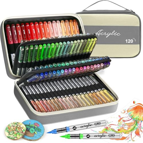 VividHues Feutre Acrylique 120 Couleurs - Marqueur Acrylique à Pointe Pinceau, Acrylic Paint Marker Feutres Acryliques pour Peinture sur Bois, Toile, Verre, Céramique, DIY(GRIS)