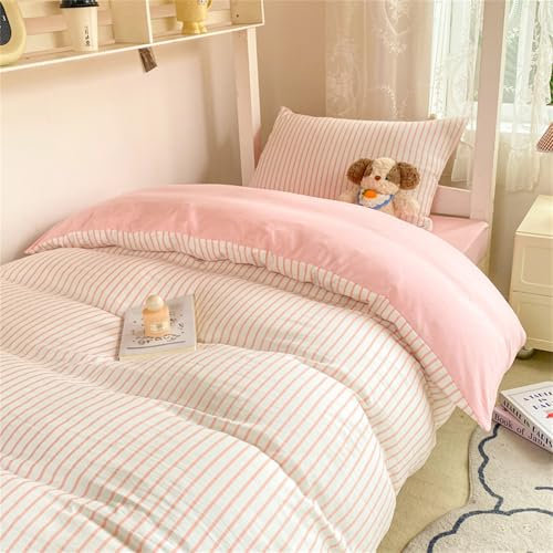 Odot 3 Piece Single Bedding Sets, Single Duvet Cover Set with Zip Fastening Soft Microfiber Bed Sheets with Pillow Case for School Dormitories (150x200cm,Stripe/Pink)