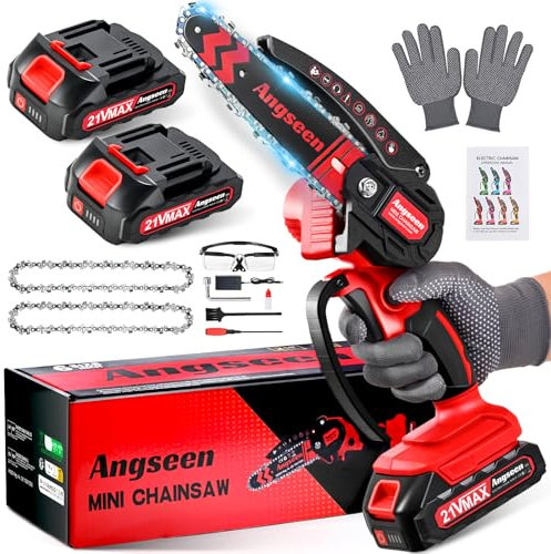 Angseen Mini Motosega a Batteria Per Potatura con 2 Batterias, 850W 6 Pollici Sega a Batteria per Potatura con 2 Chains e Blocco di Sicurezza, Motosega Elettrica Per il Taglio del Legno e Giardinaggio