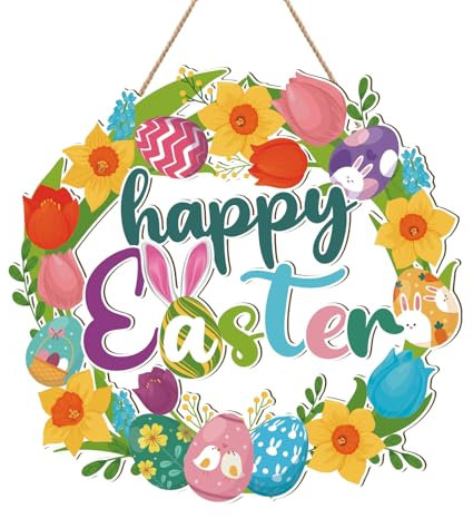 Ostertürkranz-Dekoration, Osterdekoration für draußen, Ostern Deko hängender Türkranz Frühling, Türkranz Willkommen Schild mit Blumen-Ei, Osterdekorationsplakette, Osterkranz-Willkommensschild