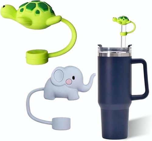 2 Pcs Straw Cover for Stanley 40&30 Oz Cup, 10mm Silicone Straw Covers Cap for Stanley Cup Accessories, Cute Straw Topper for Tumblers, Straw Cap Stopper for Reusable Straws (Turtle and Elephant)