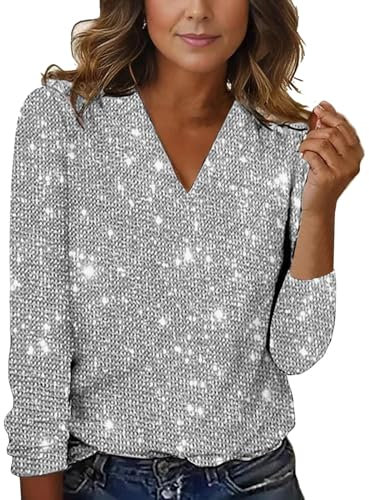 Damen Glitzer V-Ausschnitt Gedrucktes Shirt Elegant Langarm Tops Pailletten Gedrucktes Oberteil Rave Festlich Sexy Hemd Vintage Silvester Outfit Silber Tunika Lässig Blusenshirt (3-Grey, L)