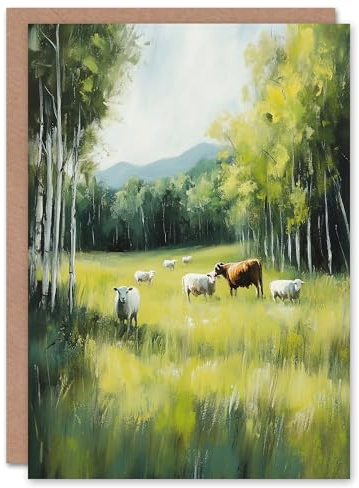Artery8 Greeting Card Sheep Cows Grazing Countryside Field Painting Blank For Him Or Her Art Birthday Card