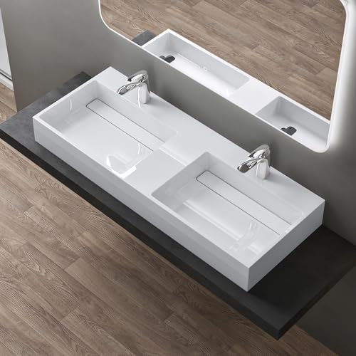 doporro Lavabo Sospeso Rettangolare Lavabo da Appoggio con Foro Rubinetto in Marmo Resina Bianco Lucido per Bagno Vasca Doppia 120x48x13cm, Colossum12-1200-2