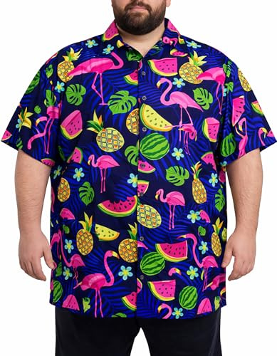 King Kameha Hawaii Hemd Männer Plus Size - Funky Hawaiihemd Herren Kurzarm mit Flamingo-Melonen Print - Ideal für Urlaub & Strand