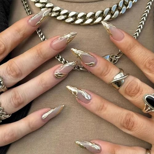 24PCS Almond False Nails Medium - 3D Full Cover Press On Nails - Acrylic Nail Tips for DIY Manicure at Home - Reusable Stick On Nails for Women - Nail Art Fake Nail Gold
