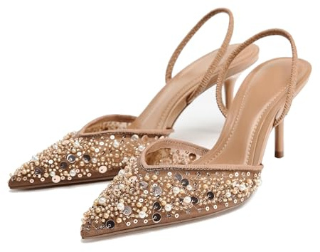 ATBELL Pearl Kitten Heels für Damen, spitzer Zehenbereich, Netzstoff, Strass, Absatz, transparent, PVC, Stiletto, mittelhoher Absatz, für Hochzeit, Party, Kleid, Braut, Pumps