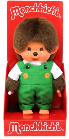 Sekiguchi 203871 - Monchhichi Original garçon avec Salopette et Motif Grenouille, Peluche d'environ 20 cm en Peluche Marron