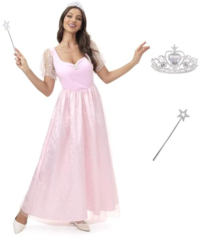 Clarisbelle Damen Halloween Prinzessin Puffärmel Herzausschnitt Kostüm Rosa Hexenkleid mit Sternstab und Diadem