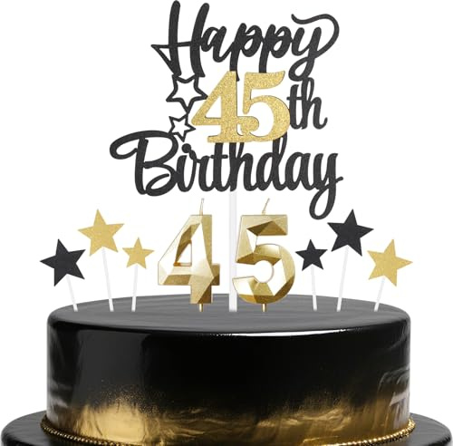 Black Gold 45th Birthday Candles Cake Toppers Set,45th Birthday Decorations for Men,Golden Number 45 Candle for Cake,Gold Candle Black Star Cupcake Toppers for Men Women Birthday Party Supplies