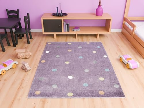 AKCILA Lima rechteckig Kinder Teppich lila/rose 150x200 cm, Kinderzimmer Kurzflor Teppiche| Kinderteppich Mädchen| Kids Carpet | Kinder Babyzimmer Tepich |gepunktetes Muster |Wohnzimmer Teppich