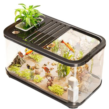 Kit Iniciador Acuario con Orificios de Ventilación | Pecera para Principiantes - Hábitat con Escaleras para Agua Salada Y Dulce, con, Camarones, Plantas Decorativas, Tortugas, Paisajismo Y Vida Acuát