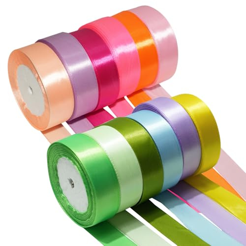 Homshsjhkis 12 Farben Geschenkband, Schleifenband, 2.5 cm x 10 m Polyester Satinband Seidenband, Dekoband Stoffband Set, Satinbänder Bunt, Ribbon für Hochzeitsdeko, Geschenk Verpacken, Basteln