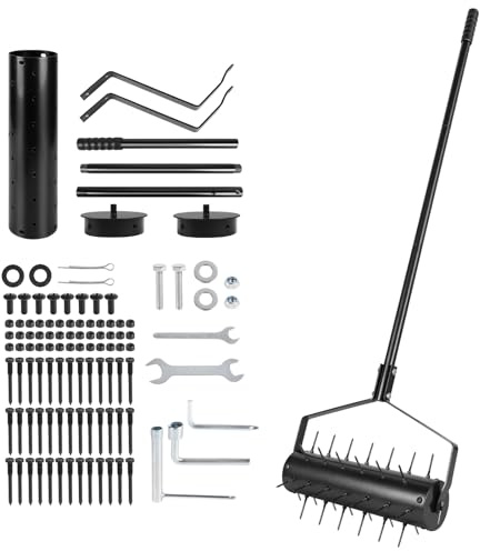 SUPAWAY Rasenbelüfter Manuell Rollender Aerifizierer 44 x 141cm | Handvertikutierer mit 39 Nägeln (5,8cm) und Stiel Rasenwalze Rasenlüfter Gartenwalze Vertikutiere Bodenbelüfter für Garten