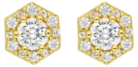 LÖB 925 Silber Ohrstecker Ohrringe Hexagon Zirkonia Stein Modern Klein Damen 750 Gold vergoldet Kurz Glitzer Geometrisch Minimalistisch Schmuck