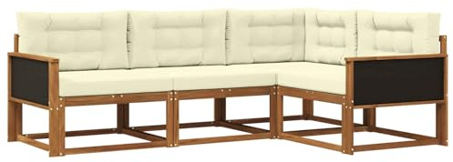 vidaXL Outdoor-Sofagarnitur mit Kissen 4 pcs Natur und Creme, Anpassbare Gartenmöbel, modernes Patio-Sofa, gemütliche Sitzgruppe, wetterfest und robust