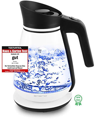 Emerio Design Glaswasserkocher, 1.5L, Swiss Design, Borosilikatglas, kabellos, LED Beleuchtung, Kalkfilter, 2200 Watt, Schwarz/Weiß