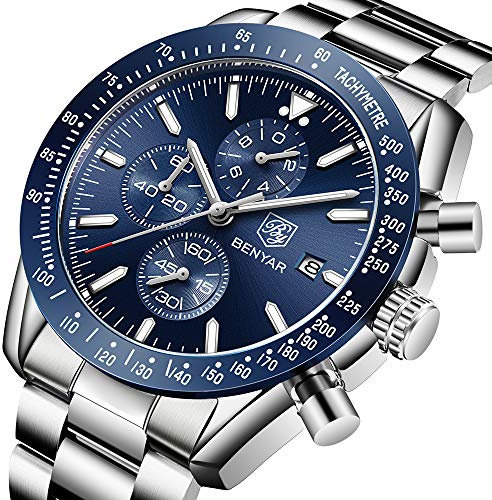BENYAR Herren Uhr Chronograph Analogue Quartz Wasserdicht Business Blau Zifferblatt Armbanduhr mit Edelstahl Armband