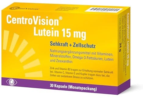 CentroVision Lutein 15 mg – Zur Erhaltung der normalen Sehkraft, Nahrungsergänzungsmittel mit Vitamin C, Vitamin E, Vitamin B2, Zink, Kupfer, Omega-3-Fettsäuren, Lutein und Zeaxanthin, 30 St.