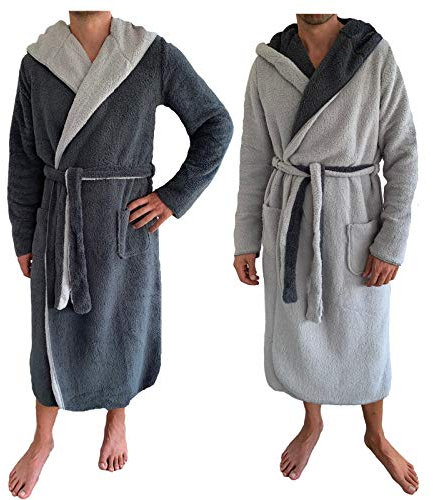 HOMELEVEL Vestaglia Uomo Invernale - Accappatoio Uomo con Cappuccio da Casa - Vestaglia Calda in Morbido Tessuto Sherpa - Design Reversibile con Tasche - Diverse Taglie e Colori