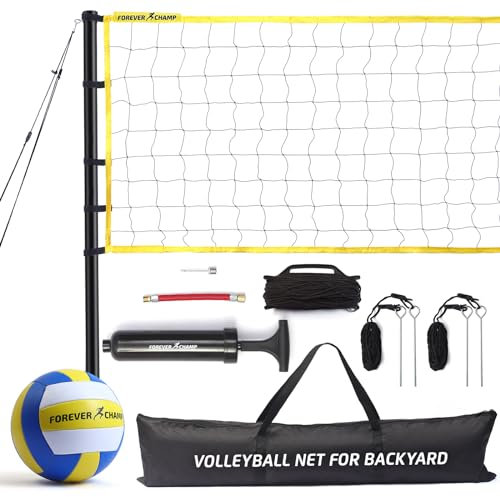 Forever Champ Volleyball Net Outdoor - Includes 32x3 Feet Regulation Size Net, 8.5-Inch PU Volleyball, Carrying Bag, Boundary Lines, Steel Poles & Pump - Volleyball Net for Backyard, Beach, or Pool