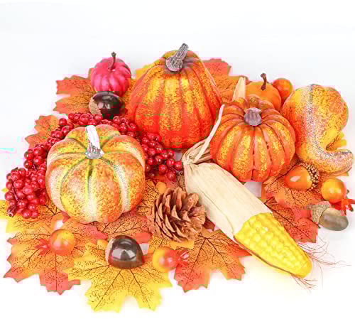 HAKACC Künstliche Früchte Set, 49 Stück Erntefrüchte Künstlichen Ahornblättern Gefälschte Kürbisse Tannenzapfen Eicheln für Halloween Thanksgiving-Dekorationen