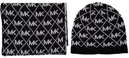 Michael Kors Women`s Metallic MK Diamond Logo Scarf And Hat 2 Piece Set (Black(539230C-001)/S, One Size)