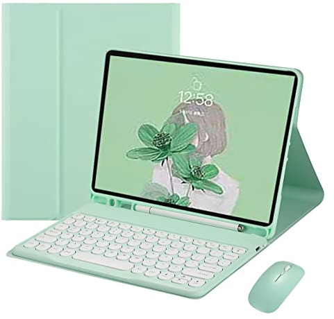 HENGHUI Clavier et souris pour tablette Galaxy Tab A8 10,5 2022 SM-X200/X205/X207 - Housse de clavier ronde sans fil BT amovible (vert menthe)