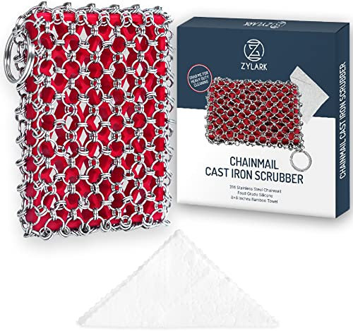 Cast Iron Scrubber Chainmail + Bamboo Towel - 316 Cast Iron Cleaner with Silicone Insert - Chain Mail Cast Iron Chainmail Scrubber for Cast Iron Pans - Cast Iron Skillet Cleaner for Cast Iron Cookware