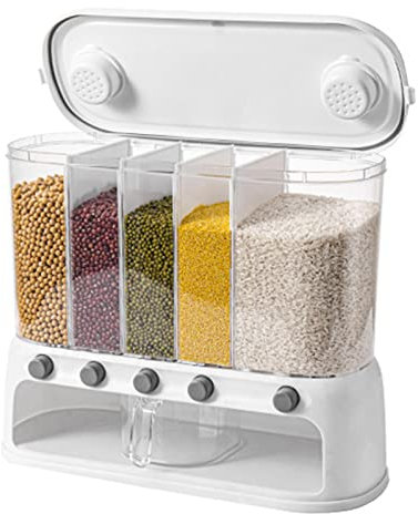 Hengshitong 12l Grain Container, 20kg Storage in 5-Grid Rice Bucket, Moisture-Proof Sealed Grain Storage Box, Multi-Compartment Wall-Mounted Dry Food Dispenser Grain Rice Bucket, White