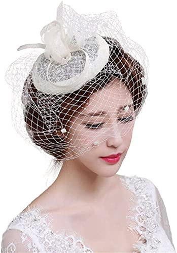 ITODA Fascinator Hut Netz Feder Hochzeitshut Retro Damen Netzschleier mit Haarclip Pillbox Hut Braut Haarschmuck Hochzeit Party Haarspange mit Blumen Hochzeitshut 20er Kopfschmuck Teeparty Kirche