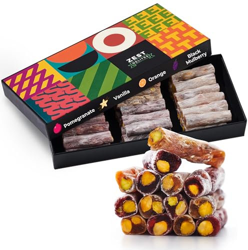 Türkische Süßigkeiten von Zest Delites, Vegane Süßigkeiten mit 30% Pistazien, Türkische Süssigkeiten, Lokum, Orange, Vanille, Granatapfel und Schwarzbeeren, 250g