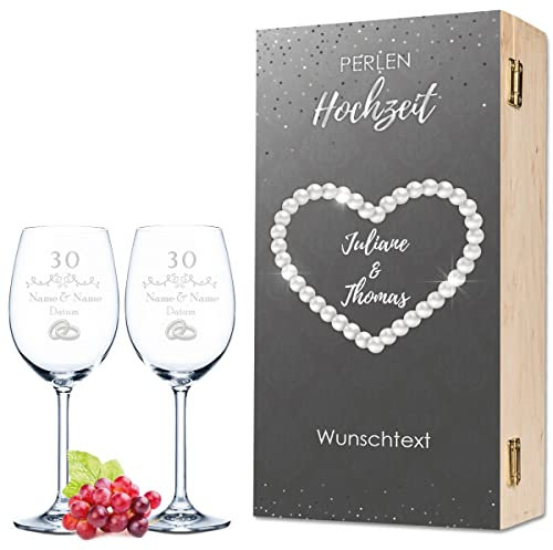 Leonardo Weingläser mit Gravur - Perlenhochzeit Design - Personalisiert mit Namen & Datum inkl. Holzkiste - Geschenk zur Hochzeit Verlobung Jahrestag Farbe Daily