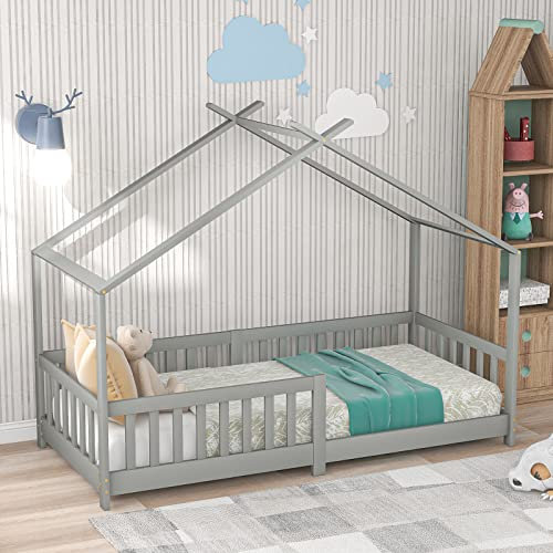 Kinderbett Hausbett 200X90Cm SchöNes Hausbett Kinder Hausbett Aus Kiefer Holz Vollholz Mit Zaun Und Lattenrost Mit Rausfallschutz Holzbett Bett FüR Kinder- Und Jugendzimmer,Grey