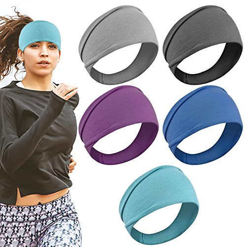 5 Stück Sport Stirnband Damen Elastisch Breite Haarbänder 22.5x10cm Yoga Sport Kopfband Schweißbänder Baumwolle Stirnbänder für Workout Laufen Wandern Make-up