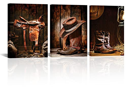 Saypeacher Western Decor Cowboy Wandkunst American West Rodeo Cowboy Leinwand Kunst Gemälde Brauner Strohhut auf Leder Rancher Roper Boots Bild Vintage Kunstwerk gespannt für Home Office Dekoration