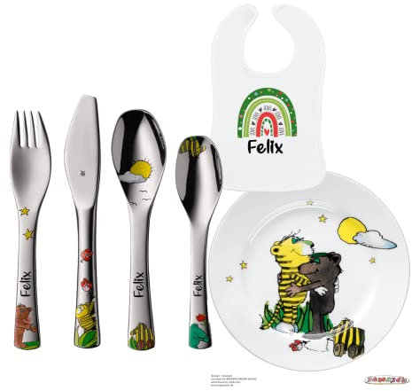 Taufgeschenk für Jungen + Mädchen: WMF Janosch Kinderbesteck mit Gravur + Janosch Teller + Lätzchen mit Namen