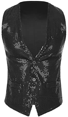 TiaoBug Herren Glitzer Anzug Weste Pailletten Anzug Gilet Jacke V-Ausschnitt mit Knopfeleiste Formal Frackweste Business Sakko Smoking Waistcoat Schwarz C L