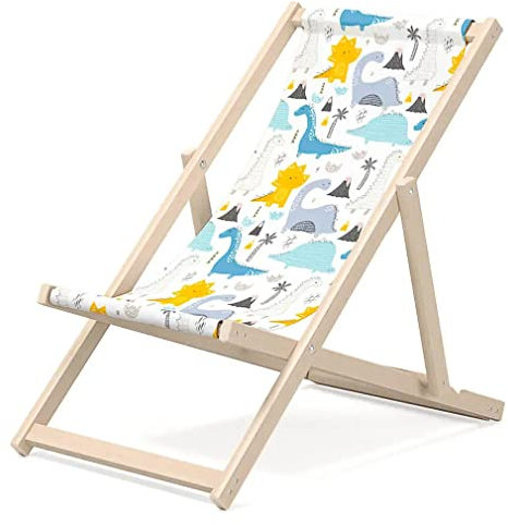 Chaise Longue pour Enfants Outentin - Moderne en Bois de Hêtre - Dinosaure - Inclinable - Pour le Jardin et la Plage